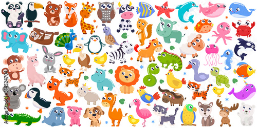 Big set of cute cartoon animals. Vector illustration. Wallpaper Mural