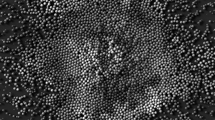 Poster - 3d render background with particles are filling the screen and push each other with dynamic interaction. Monochrome.