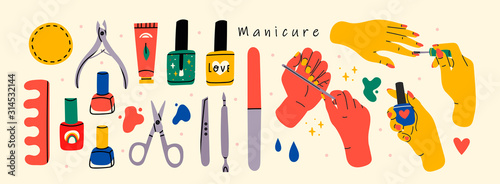 Fotomural Female hands and Various manicure accessories, equipment, tools