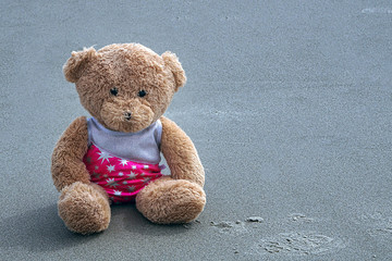 teddy bear sitting on sand on a beach