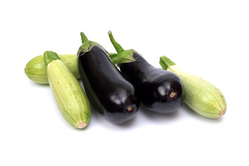 Zucchini and eggplant isolated on white background. Fresh vegetable marrow isolated on white background