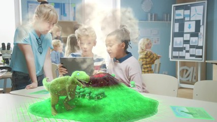 Fototapete - 3 Diverse School Children Use Digital Tablet Computer with Augmented Reality Software, Looking at Educational 3D Animation - Dinosaur Walking on Island with Active Volcano. VFX, Special Effects Render