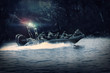 © andy_gin - Group of military fighters on a boat with a flasher are chasing pirates. The concept of sea robberies, piracy, poaching.