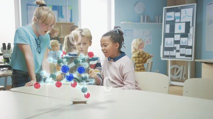 Fototapete - Three Diverse School Children in Chemistry Science Class Use Digital Tablet Computer with Augmented Reality Application, Looking at Educational 3D Animation of a Molecule. VFX, Special Effects Render