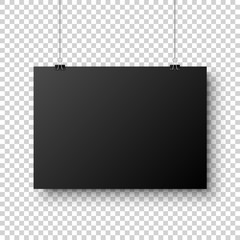 Wall Mural - realistic black hanging blank paper sheet with shadow in a4 format and paper clip, binder on transpa