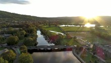 Aerial Drone River Wharfe At Sunset, Otley, Yorkshire