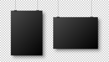 Wall Mural - realistic black hanging blank paper sheet with shadow in a4 format and paper clip, binder on transpa