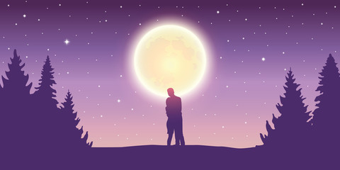 Wall Mural - couple looks to the full moon in forest landscape at night vector illustration EPS10