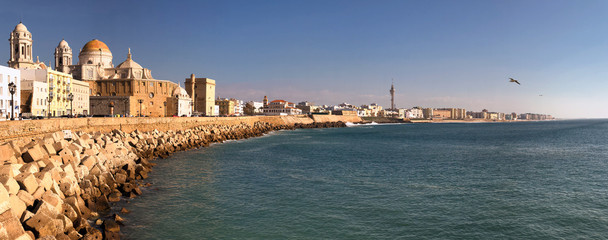 Wall Mural - Panoramic view of the coastline of the city of Cadiz, its historic cathedral and coastal buildings.