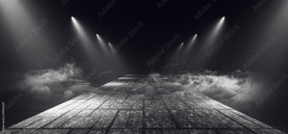 Smoke Myst Dark Spotlight Catwalk White Dance Floor Club Neon Lasers Fog Empty Garage Cyber Spaceship Underground 3D Rendering - obrazy, fototapety, plakaty 