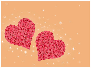 Greeting card with two red hearts made of flowers.