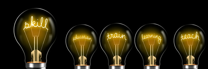concepts related to skill and education, glowing in bright bulb