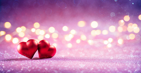 Wall Mural - couple red hearts on pink glitter with bokeh lights