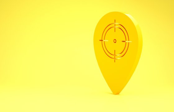 Yellow Hunt place icon isolated on yellow background. Navigation, pointer, location, map, gps, direction, place, compass, contact, search. Minimalism concept. 3d illustration 3D render