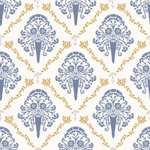 French Shabby Chic Damask Vector Texture Background. Carnation Folk Flower Off White , Yellow Blue Seamless Pattern. Hand Drawn Floral Interior Home Decor Swatch. Classic Farmhouse Style Allover Print