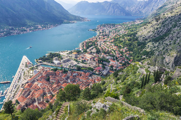 Canvas Print - View from ruins of ancient fortress on St John mountain in Kotor town, Montenegro