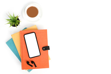Wall Mural - Work space back to school and education concept on white modern table desk with blank screen phone and stack of book, earphone, green plant and coffee cup, flat lay, Top view with copy space