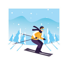 Sticker - man with mountain ski in landscape with snowfall