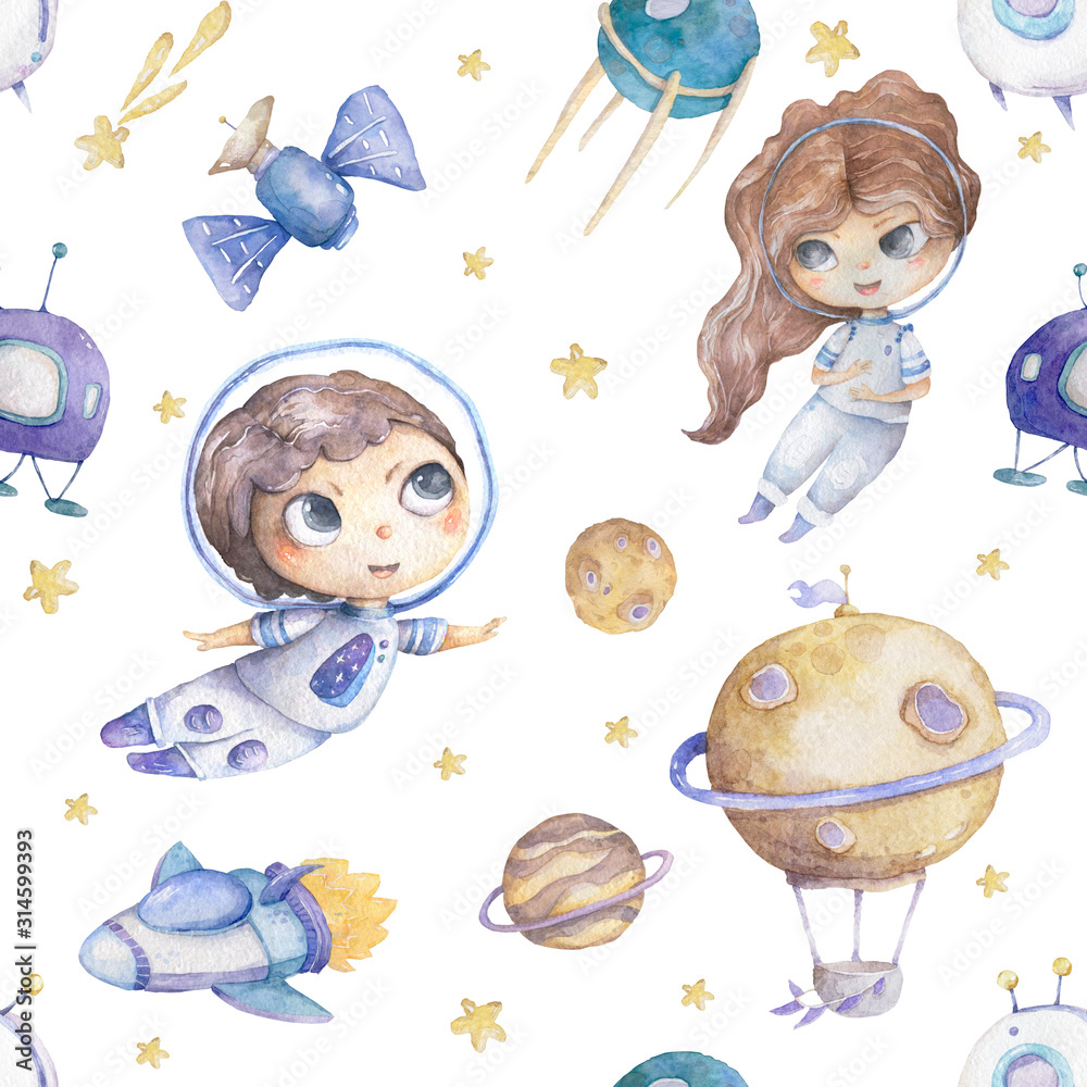 Cute boy and girl astronaut with rocket and planets background seamless ...