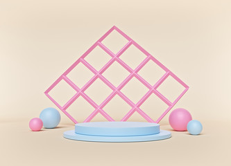 Poster - abstract geometric shapes background. pastel colors. primitive shapes, empty showcase with podium, modern minimalistic trendy mock up for design presentation. 3d rendering