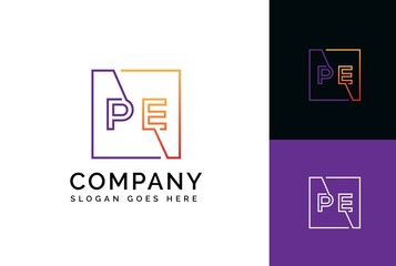 Sticker - Purple orange gradient square initial letter PE line logo design vector graphic