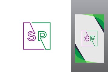 Wall Mural - Purple green square initial letter SP line logo design vector graphic