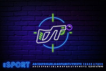 Wall Mural - game shotgun, rifle, aim neon sign. Video games night light symbol, glowing gamer poster. Glowing neon Joystick for arcade machine icon isolated on brick wall background. Vector Illustration