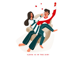 Sticker - Young boy propose to his girlfriend sitting on sofa for Love is in the air concept.