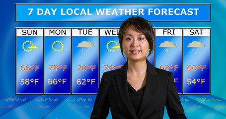 asian american meteorologist reporting weather