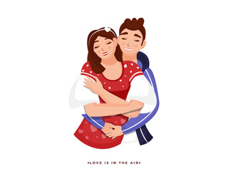 Canvas Print - Character of Young boy hugging to his girlfriend on white background for Love Is In The Air concept.