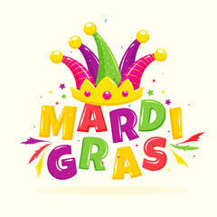 Sticker - Glossy Colorful Mardi Gras Text with Jester Hat, Stars and Feather Decorated on White Background.