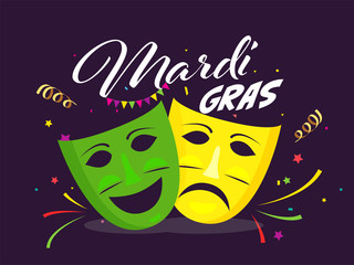 Canvas Print - Mardi Gras Text with Comedy and Tragedy Mask on Purple Background Decorated with Confetti.