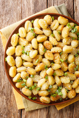 Wall Mural - Italian fried gnocchi with garlic sprinkled with parmesan close-up on a plate. Vertical top view