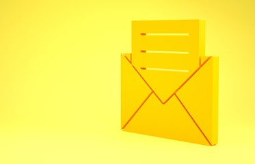 Canvas Print - Yellow Envelope with invitation card icon isolated on yellow background. Minimalism concept. 3d illustration 3D render