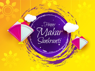 Canvas Print - Happy Makar Sankranti Font Decorated with Hanging Kites and Clouds on Purple Brush Stroke Circular Shape and Yellow Floral Background.