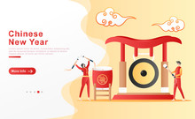 Vector Illustration Chinese New Year. Men And Women Happily Funny Beat Gongs And Drum For Festival Celebrations Under The Bright Chinese Clouds. For Homepage, UI UX, Header, Flyer. Flat Cartoon Style