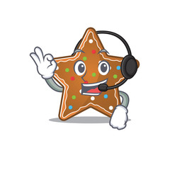 Poster - Smiley gingerbread star cartoon character design wearing headphone