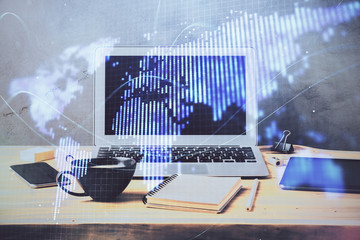 Multi exposure of business theme icons and work space with computer background. Concept of success.