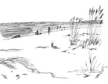 Black And White Graphic Drawing Of Sand Dunes On The Seashore