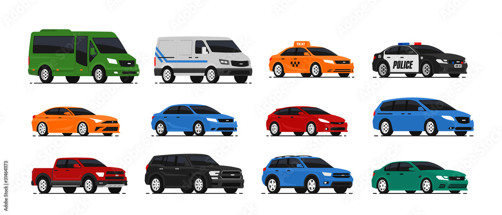 Car icons collection. Vector illustration in flat style. Urban, city cars and vehicles transport concept. Isolated on white background. Set of of different models of cars - obrazy, fototapety, plakaty 