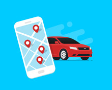 Car Sharing And Rent Service. Online Ordering For Smartphone. Mobile App Ordering Automobile Vehicle With Location Mark Rent Car Sharing. Flat Vector Illustration.