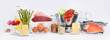 Healthy low carbs products. Atkins  or keto diet concept. Front view. Panorama, banner