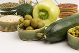 Fototapeta Kuchnia - Healthy food for diet and lifestyle: green vegetables, quinoa bulgur, chickpeas, flax almond. Alkaline foods set.