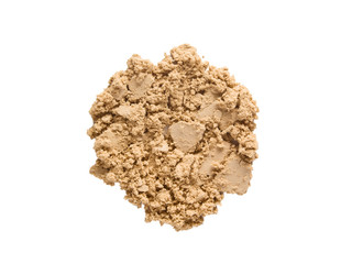 Wall Mural - Face makeup foundation powder swatch. Crushed nude color compact powder texture. Light brown cosmetic product sample isolated on white background