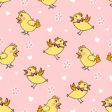 Fototapeta Pokój dzieciecy - Seamless pattern with birds in love, flowers, hearts. Valentine's Day or love print. pink print