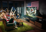 Fototapeta  - Group of friends watching TV, american football match, championship. Emotional men and women cheering for favourite team, look on fighting for ball. Concept of friendship, sport, competition, emotions