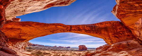 Panoramic picture of natural and geological wonders of Arches national park in Utah in winter