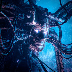 Wall Mural - the queen awakens / 3d illustration of robotic science fiction female artificial intelligence growin