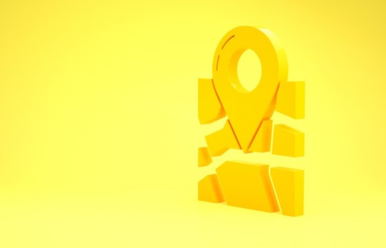 Yellow Folded map with location marker icon isolated on yellow background. Minimalism concept. 3d illustration 3D render