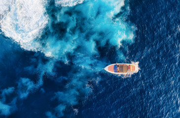 Wall Mural - croatia. aerial view of luxury floating boat on blue adriatic sea at sunny day. yachts on the sea su